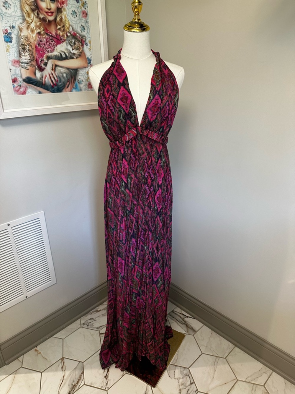 Luli Fama Magenta and print Halter Maxi Dress